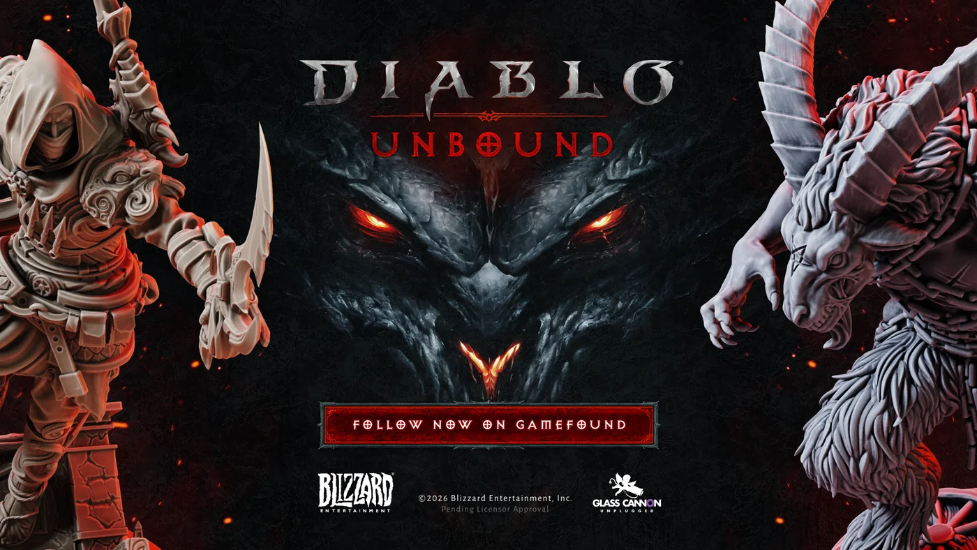 Official Diablo: Unbound key art with two painted miniatures flanking the game logo and a Follow on Gamefound button