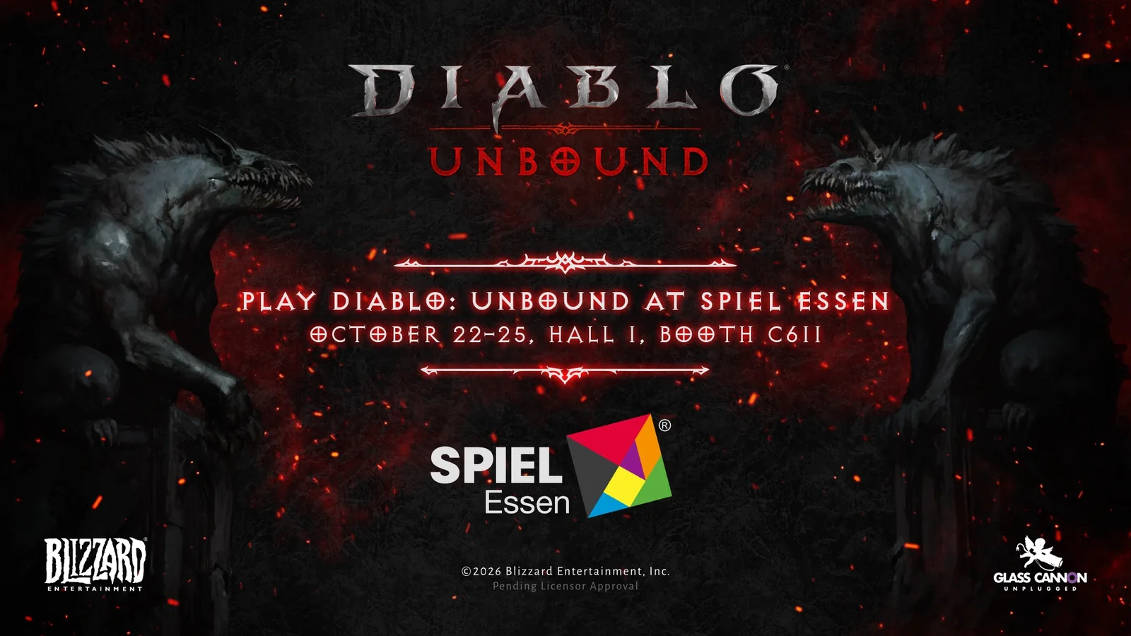 Official Diablo: Unbound banner for the SPIEL Essen 2026 demo, listing Hall 1, booth C611 and the 22-25 October dates